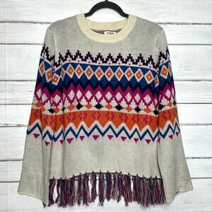 Umgee Fringe Fair Isle Sweater Women’s Small Multicolor Boho Knit Pullover